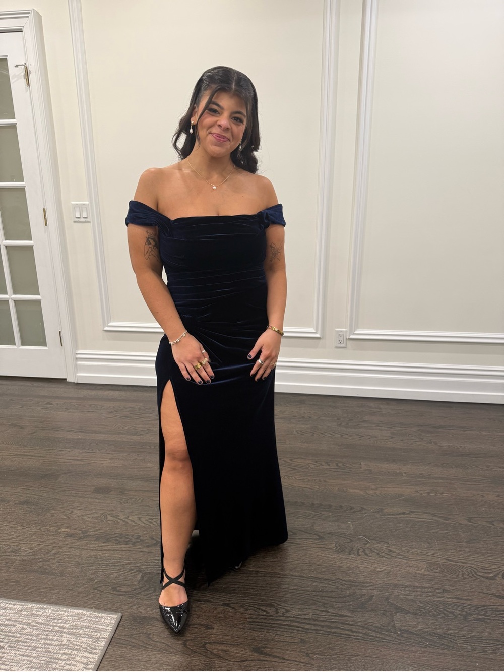 Azazie Navy Off-Shoulder Velvet Gown with Side Slit